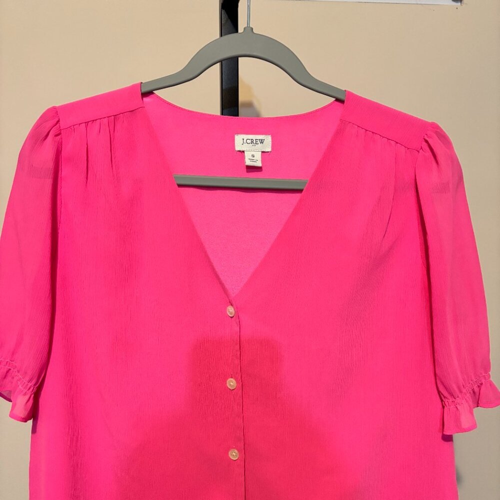 J. Crew Pink Ruffle Short Sleeve Button Front Blouse - Picture 6 of 11